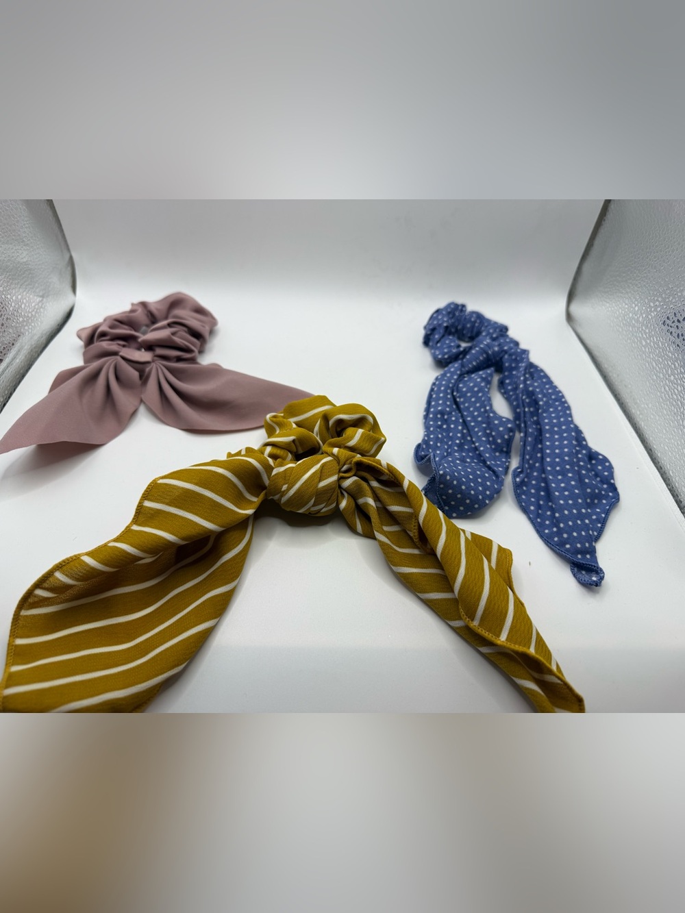 Madewell Set of 3 Women's Bow Scrunchie Hair Ties - Mustard, Blue, Mauve